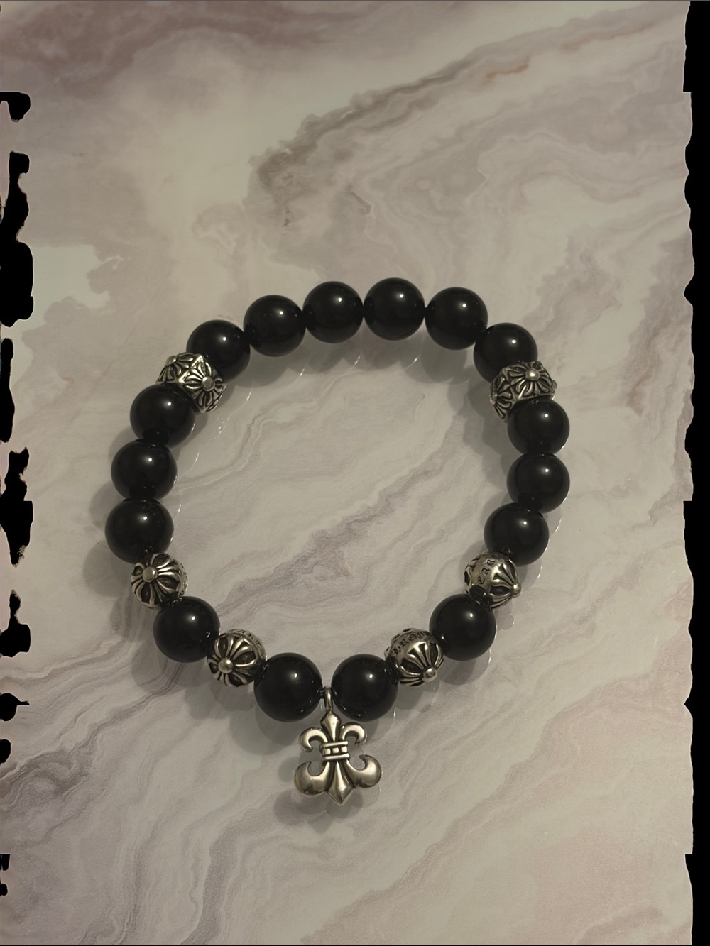 Men's Black Beaded Bracelet with Silver Fleur-de-Lis Accent